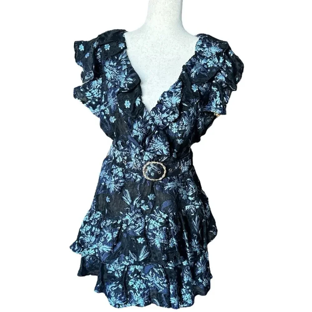 belted puff sleeve jacquard mini dress Pink Coast Short Sleeve Jacquard Belted Mini Dress